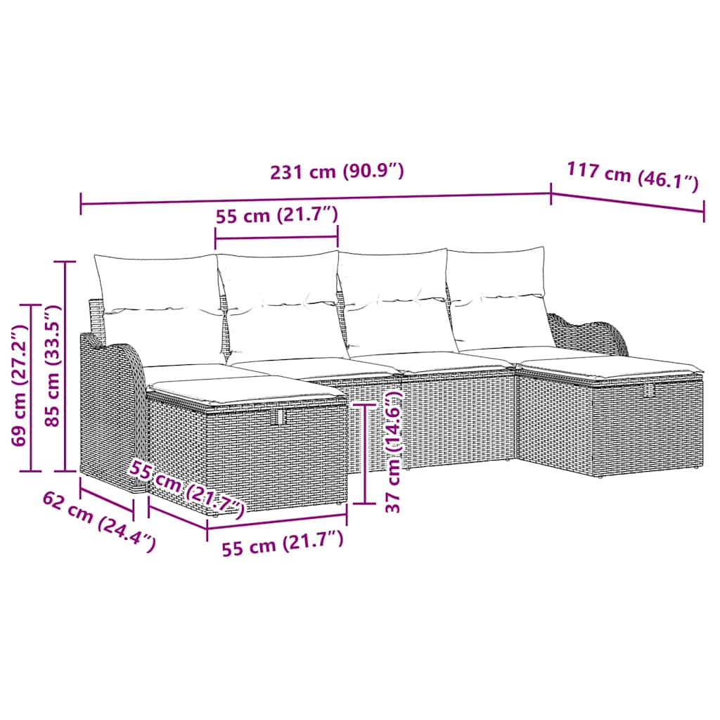 Sofa Set 6 pcs 6-Seater Grey Poly Rattan