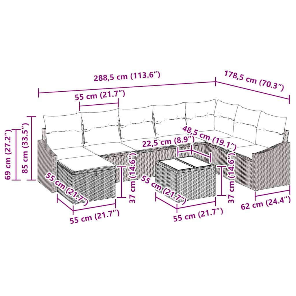 Garden Sofa Set with Cushion 9 pcs Grey Poly rattan