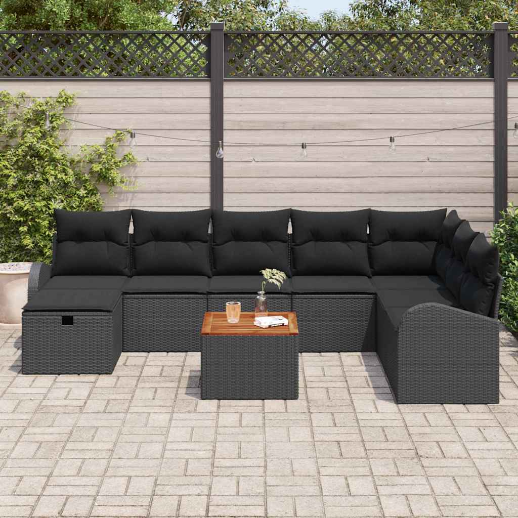 Garden Sofa Set with Cushion 9 pcs Black Poly Rattan