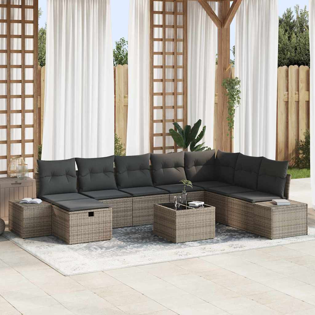 Garden Sofa Set with Pillow 9 pcs Grey Poly rattan