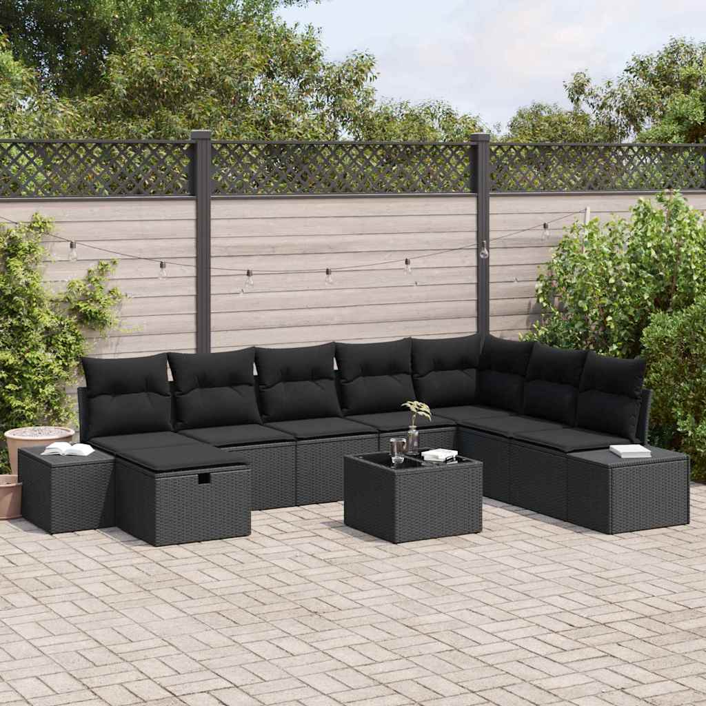 Garden Sofa Set with Pillow 9 pcs Black Poly rattan