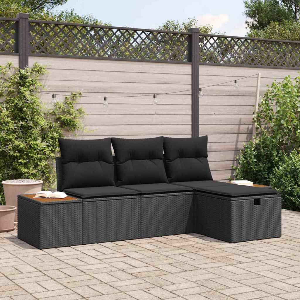 Garden Sofa Set with Pillow 4 pcs Black Poly rattan