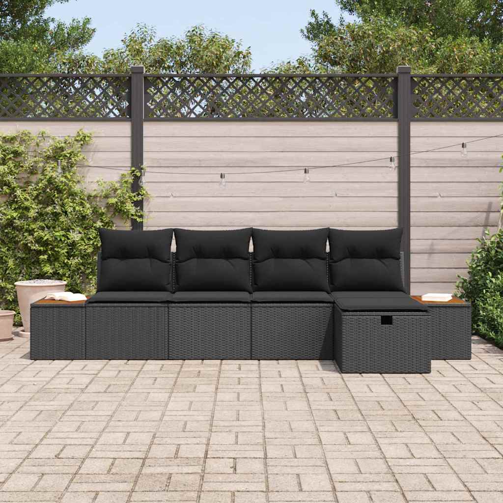 Garden Sofa Set with Pillow 5 pcs Black Poly rattan
