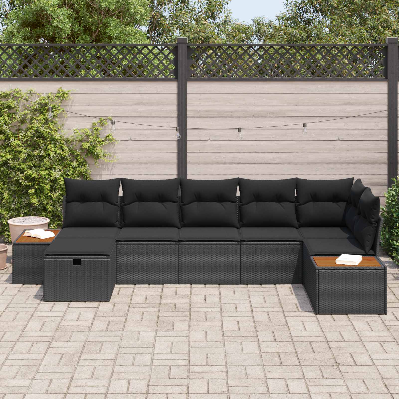 Garden Sofa Set with Pillow 7 pcs Black Poly rattan