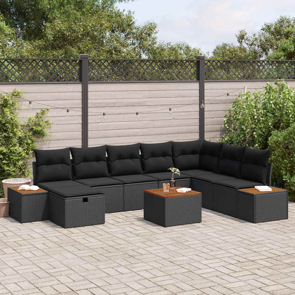 Garden Sofa Set with Pillow 9 pcs Black Poly rattan