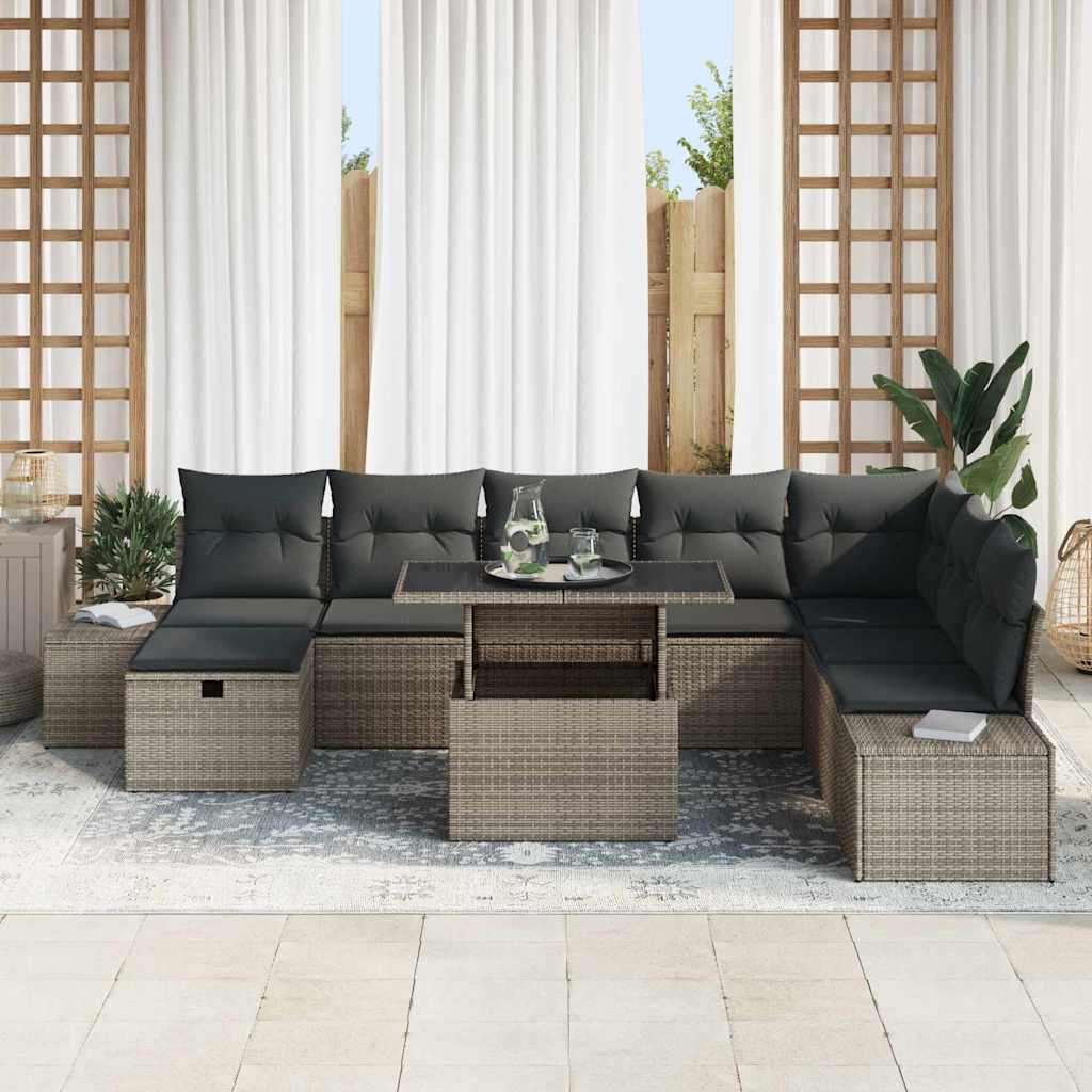 Garden Sofa Set Height-Adjustable 9 pcs Grey Poly Rattan