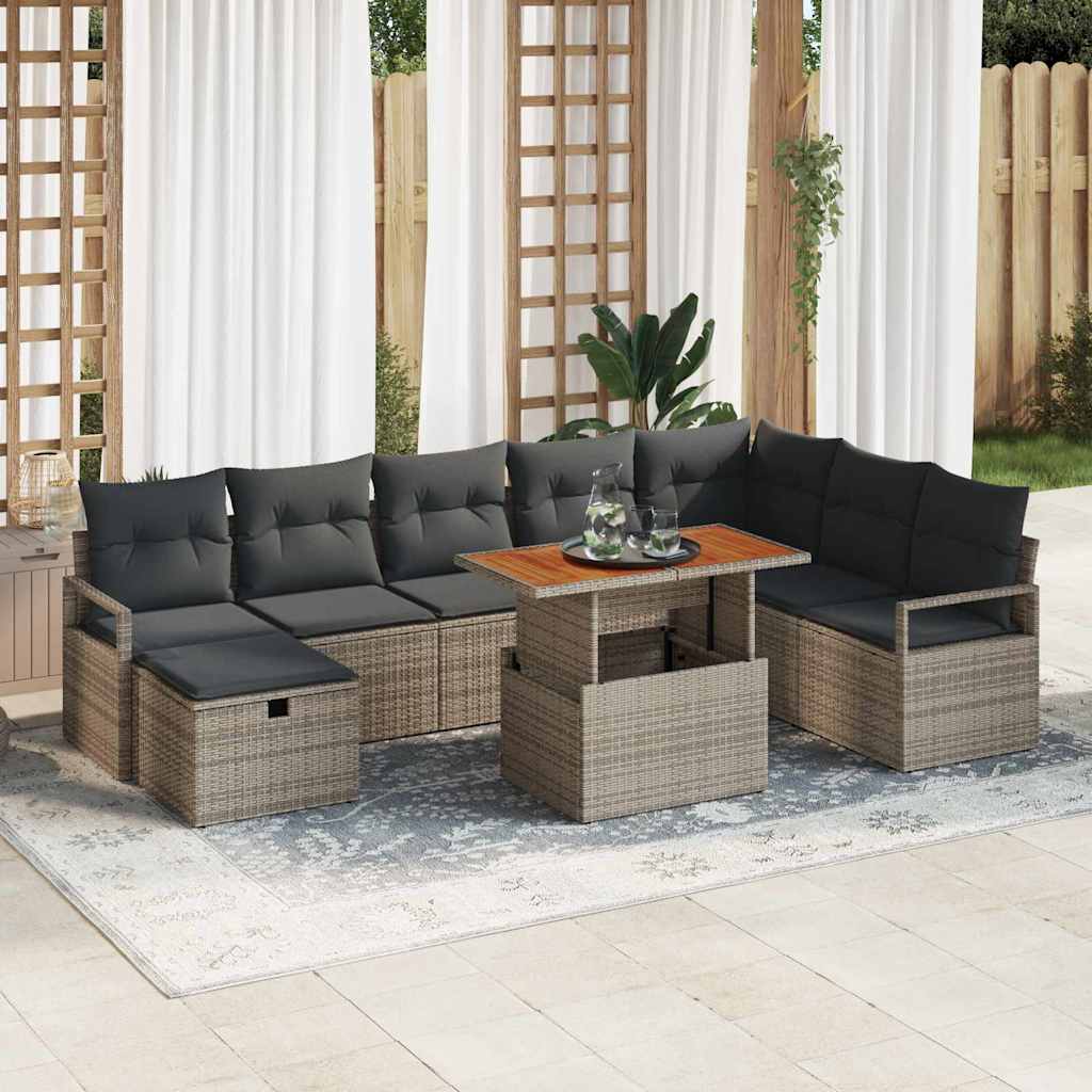 Garden Sofa Set Height-Adjustable 9 pcs Grey Poly Rattan