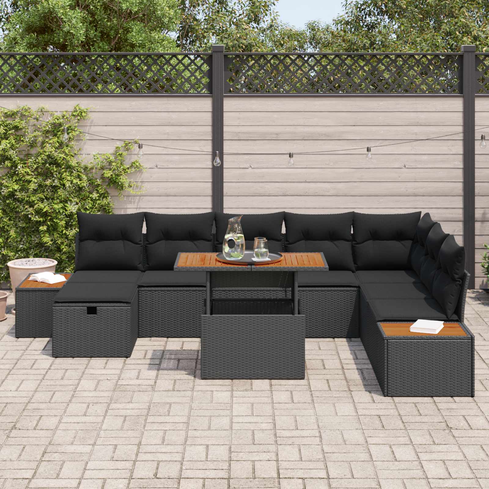 Garden Sofa Set with Cushion 9 pcs Black Poly Rattan