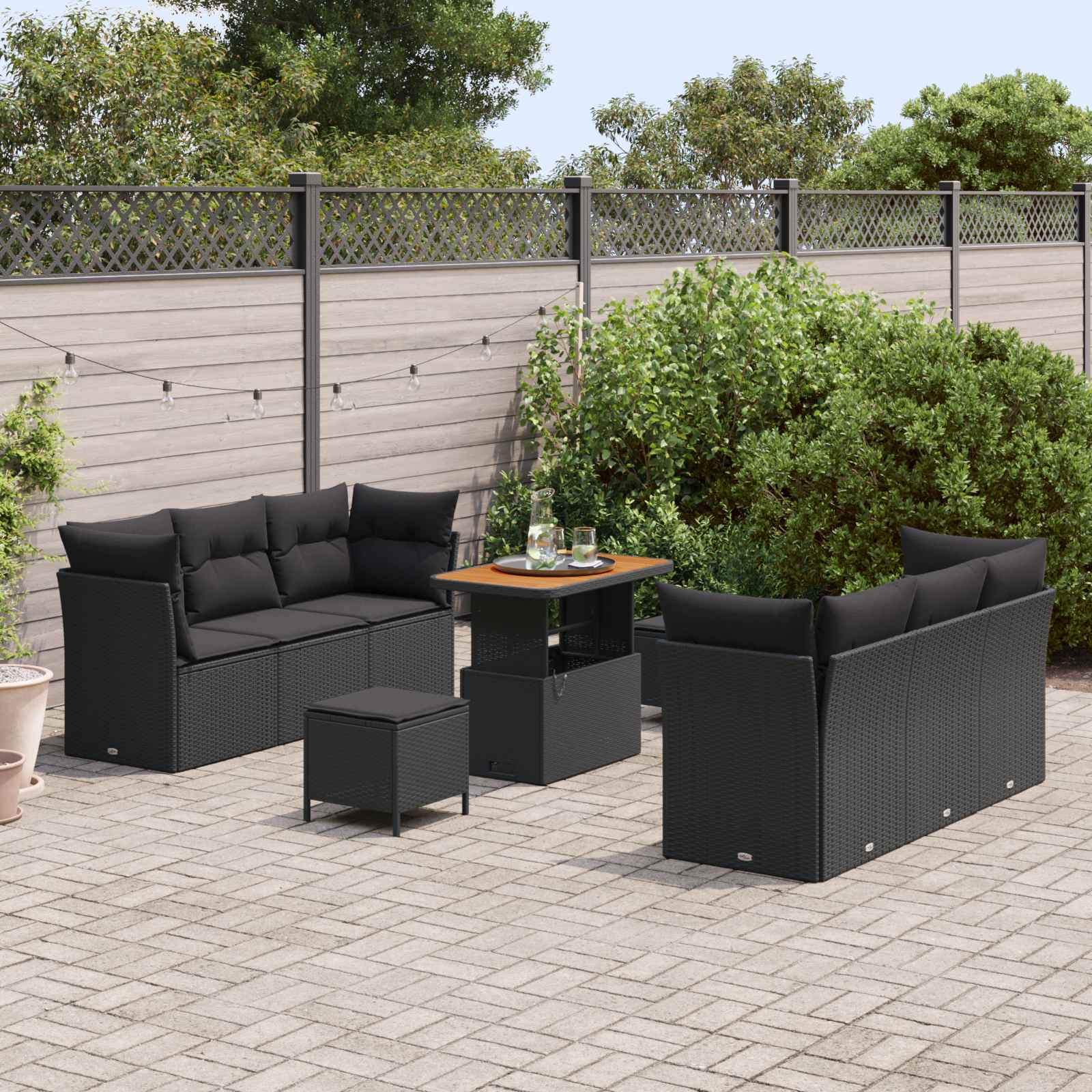Garden Sofa Set with Cushion 9 pcs Black Poly Rattan