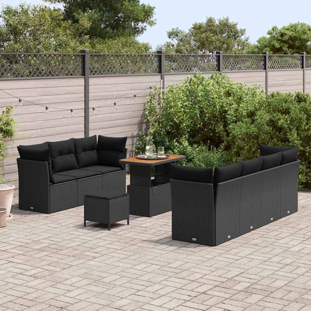 Garden Sofa Set with Cushion 10 pcs Black Poly Rattan