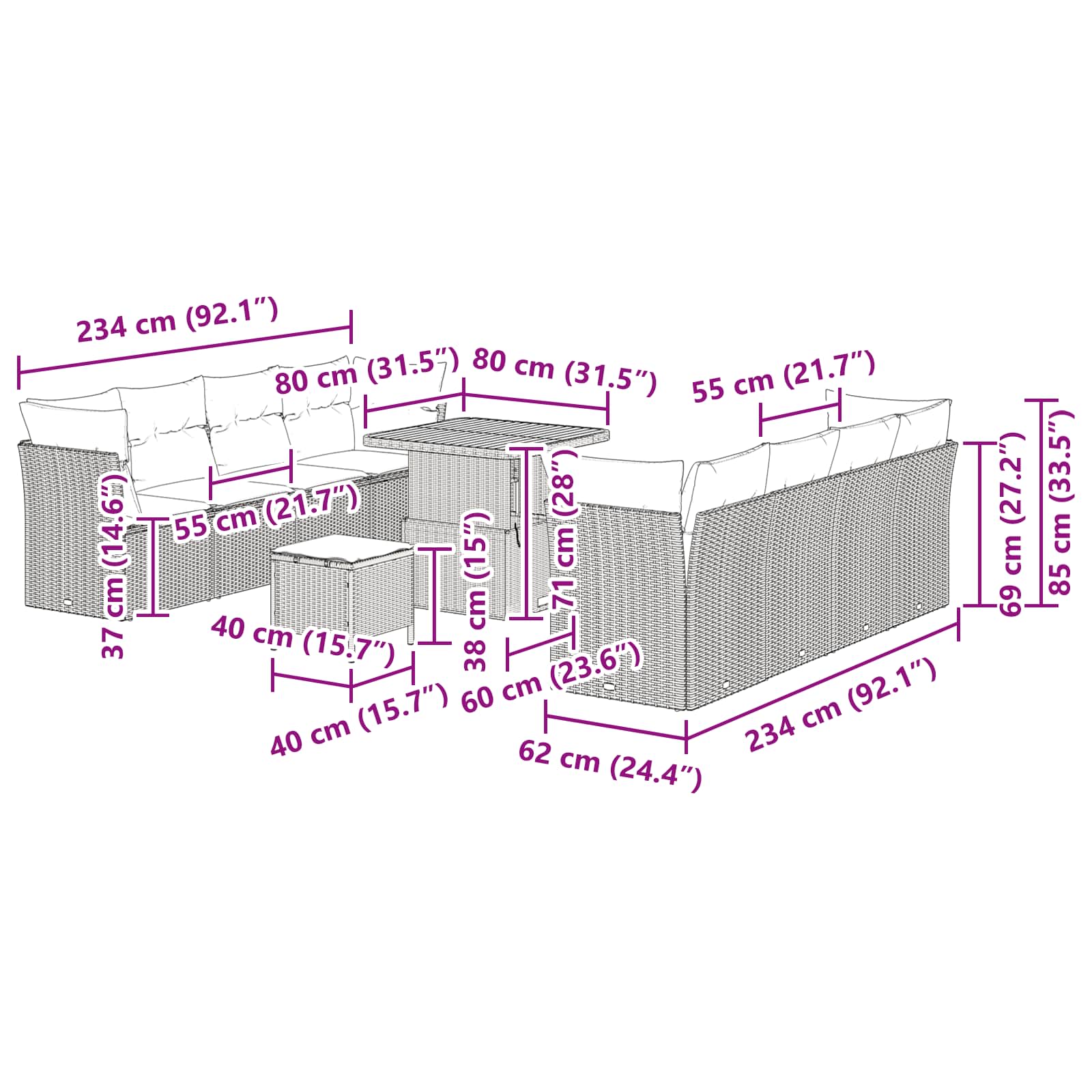 Garden Sofa Set Height-Adjustable 11 pcs Black Poly Rattan