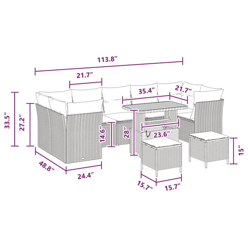 Garden Sofa Set Height-Adjustable 10 pcs Black Poly Rattan