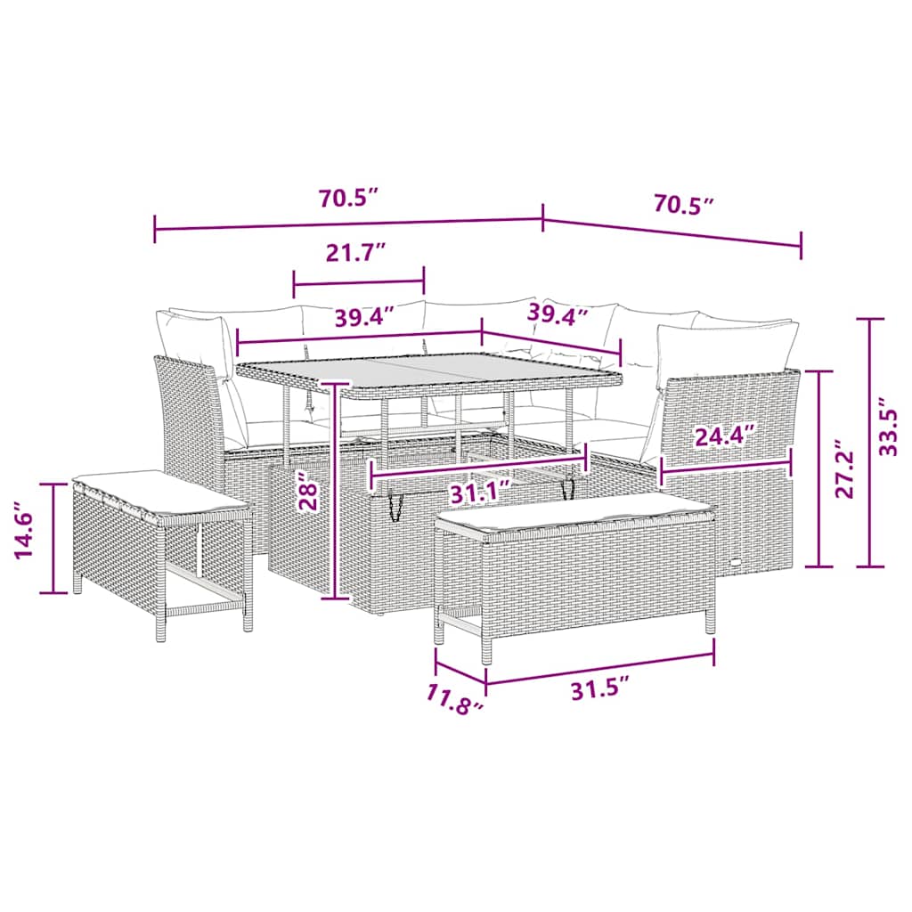 Garden Sofa Set Height-Adjustable 8 pcs Black Poly Rattan