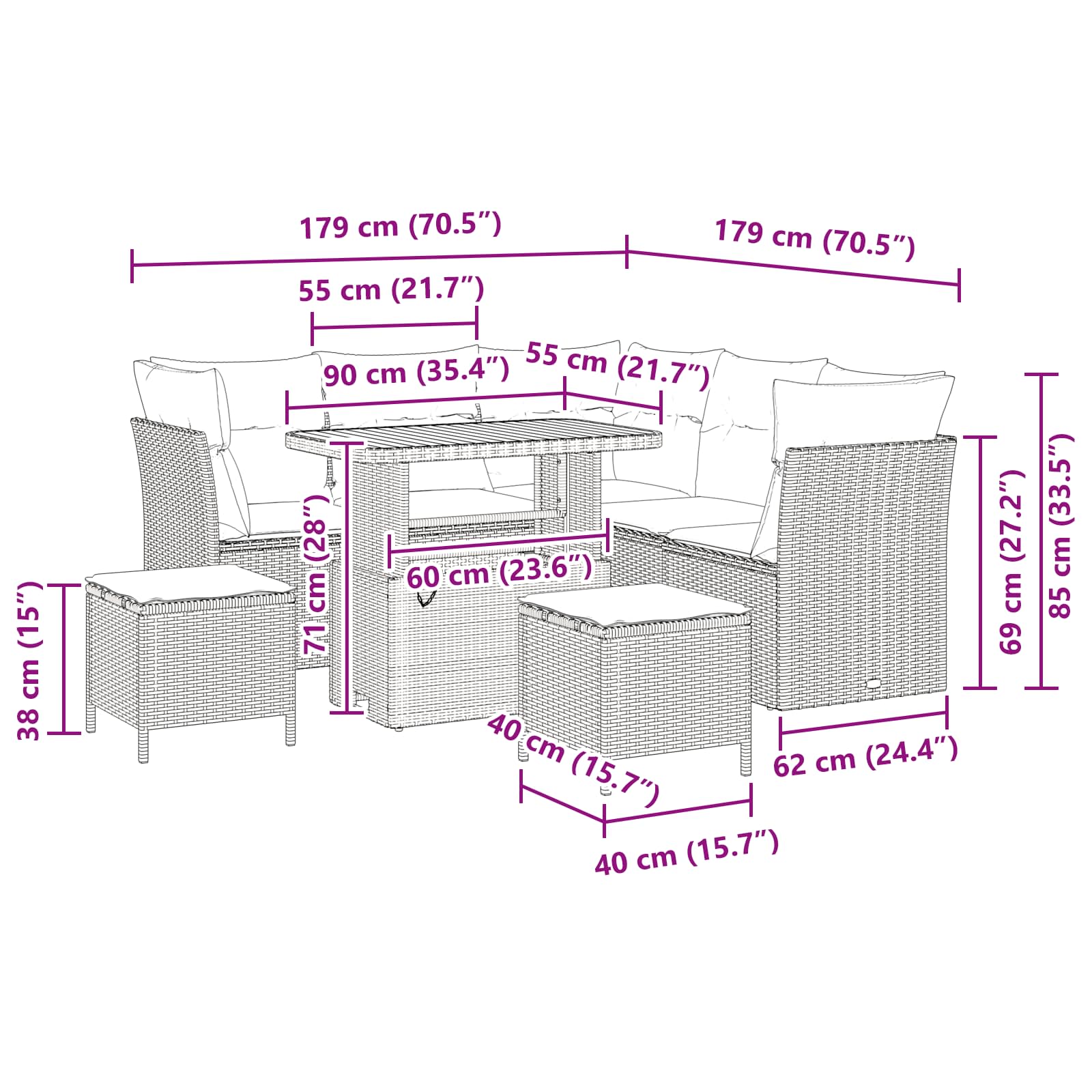 Garden Sofa Set Height-Adjustable 8 pcs Black Poly Rattan