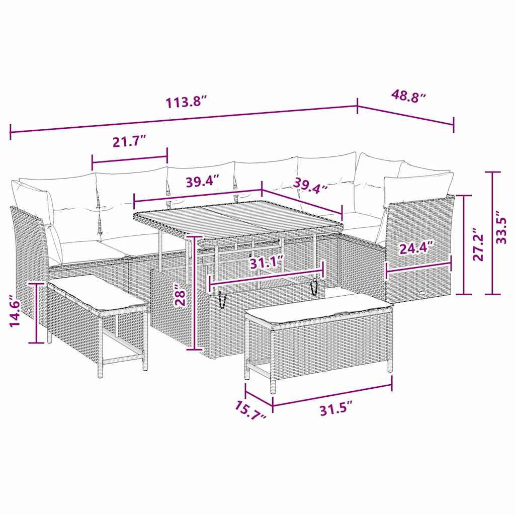 Garden Sofa Set Height-Adjustable 9 pcs Black Poly Rattan