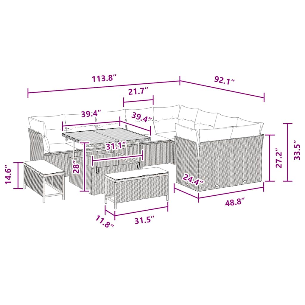 Garden Sofa Set Height-Adjustable 12 pcs Black Poly Rattan
