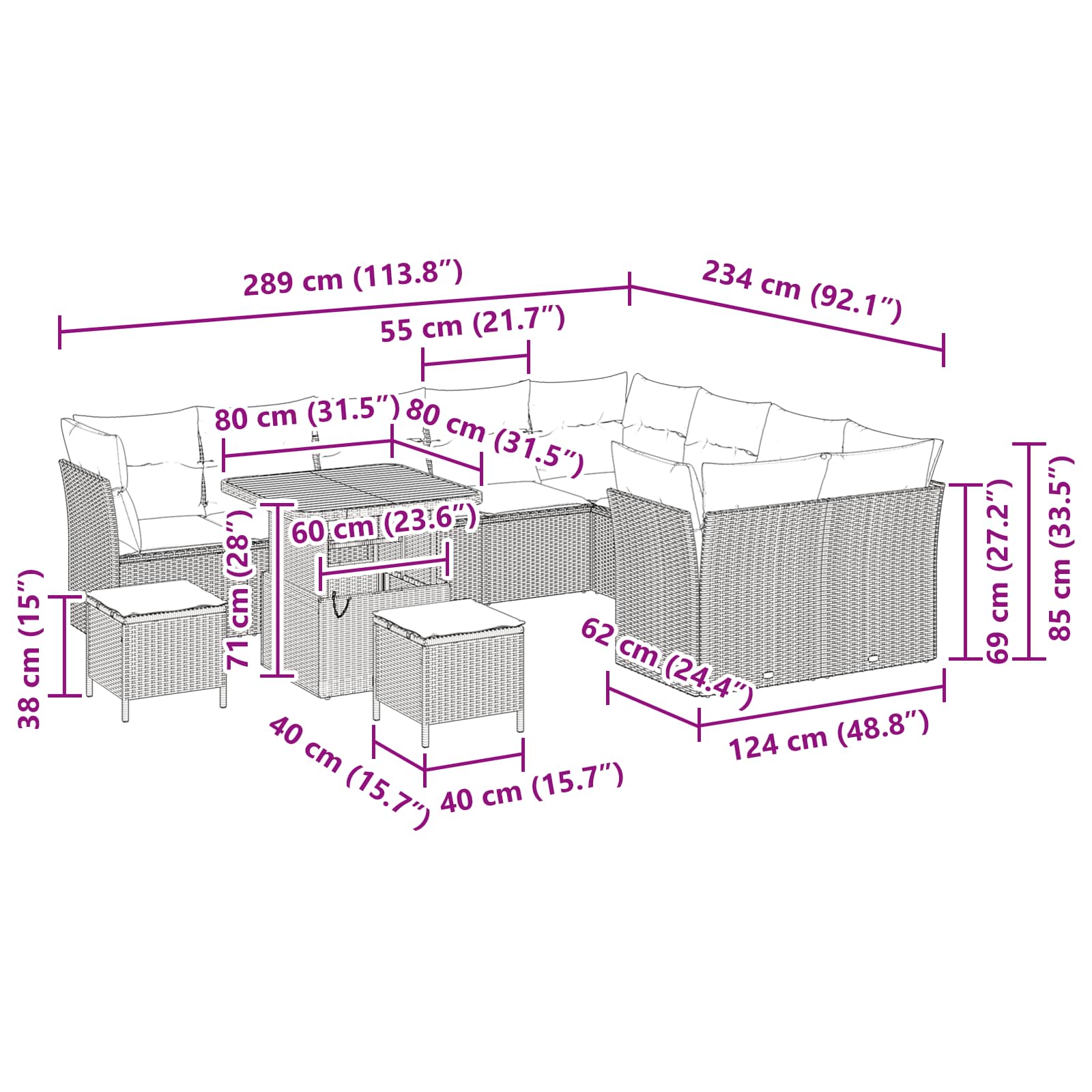 Garden Sofa Set Height-Adjustable 12 pcs Black Poly Rattan