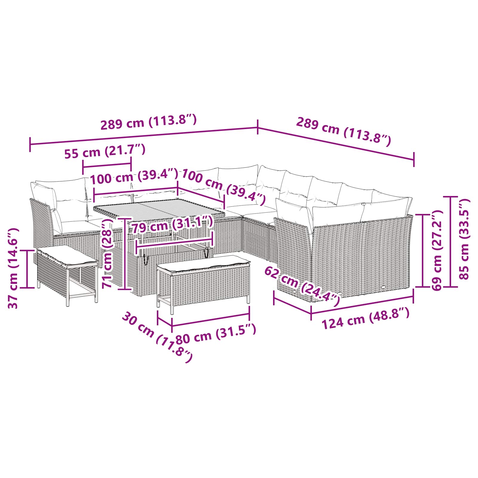 Garden Sofa Set Height-Adjustable 13 pcs Black Poly Rattan