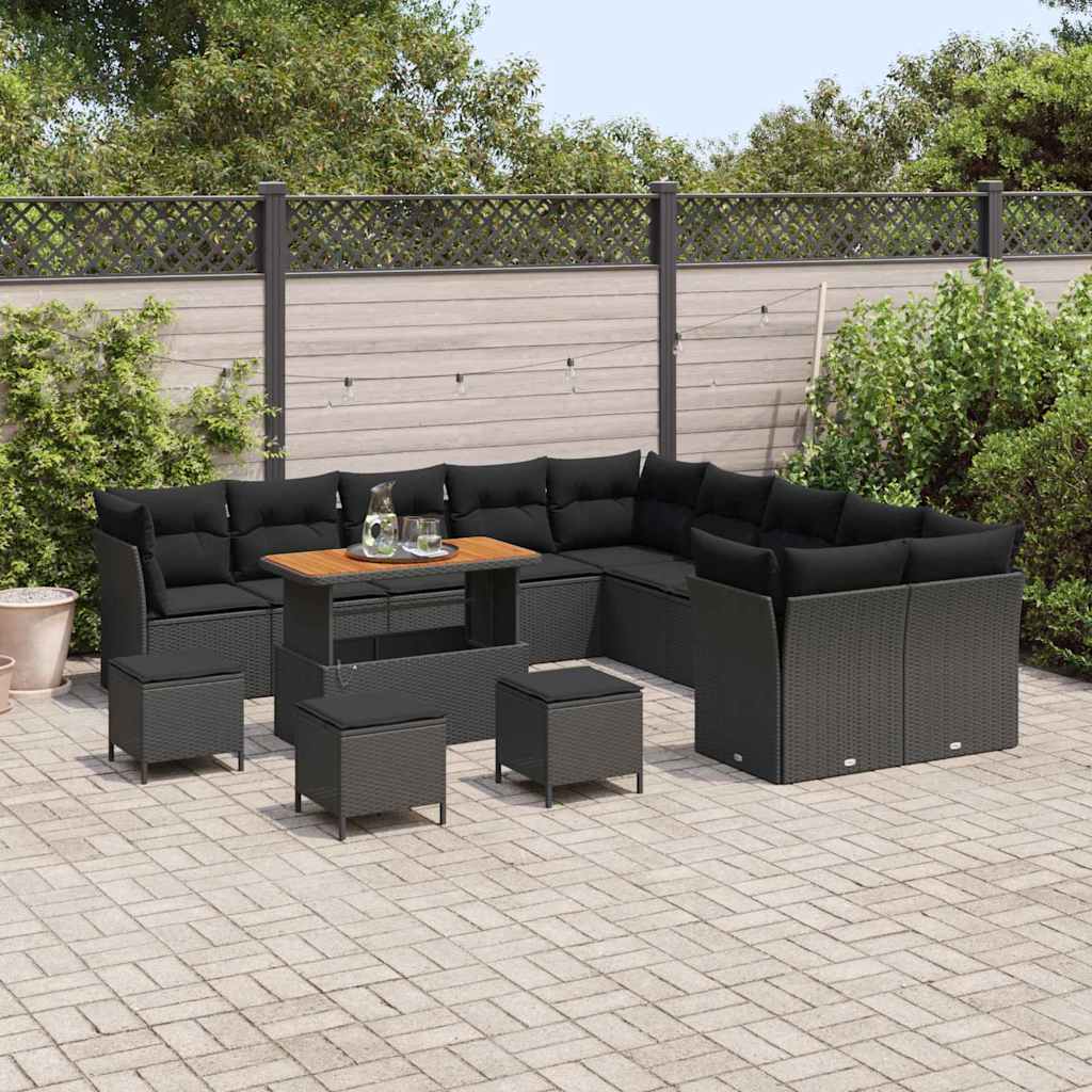 Garden Sofa Set Height-Adjustable 14 pcs Black Poly Rattan