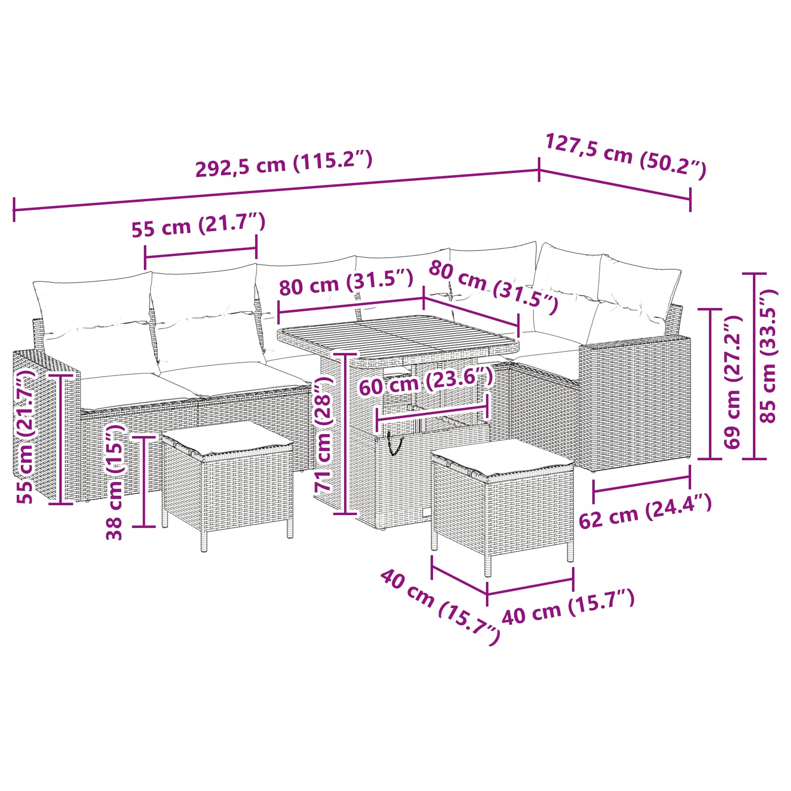 Garden Sofa Set Height-Adjustable 9 pcs Black Poly Rattan
