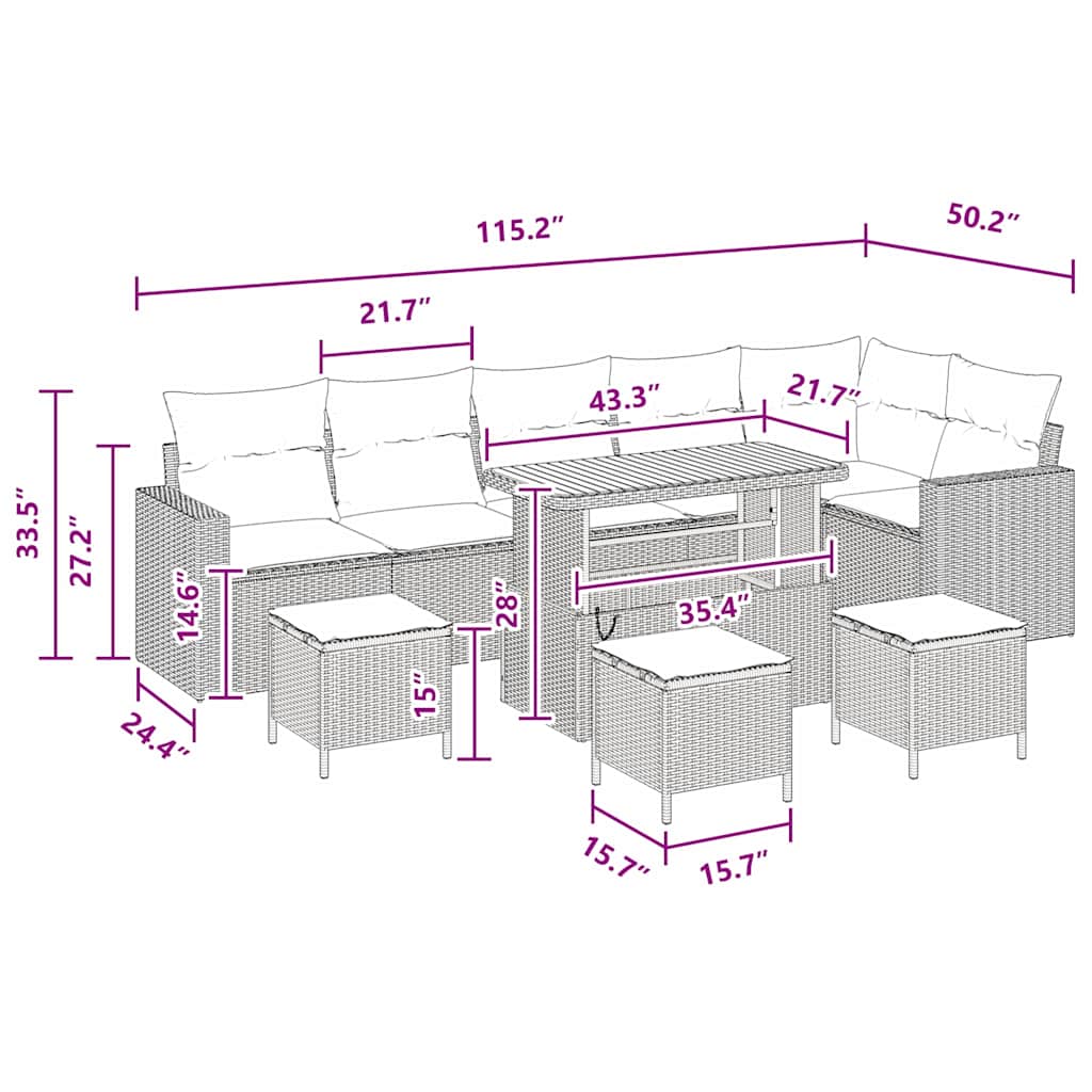 Garden Sofa Set Height-Adjustable 10 pcs Black Poly Rattan