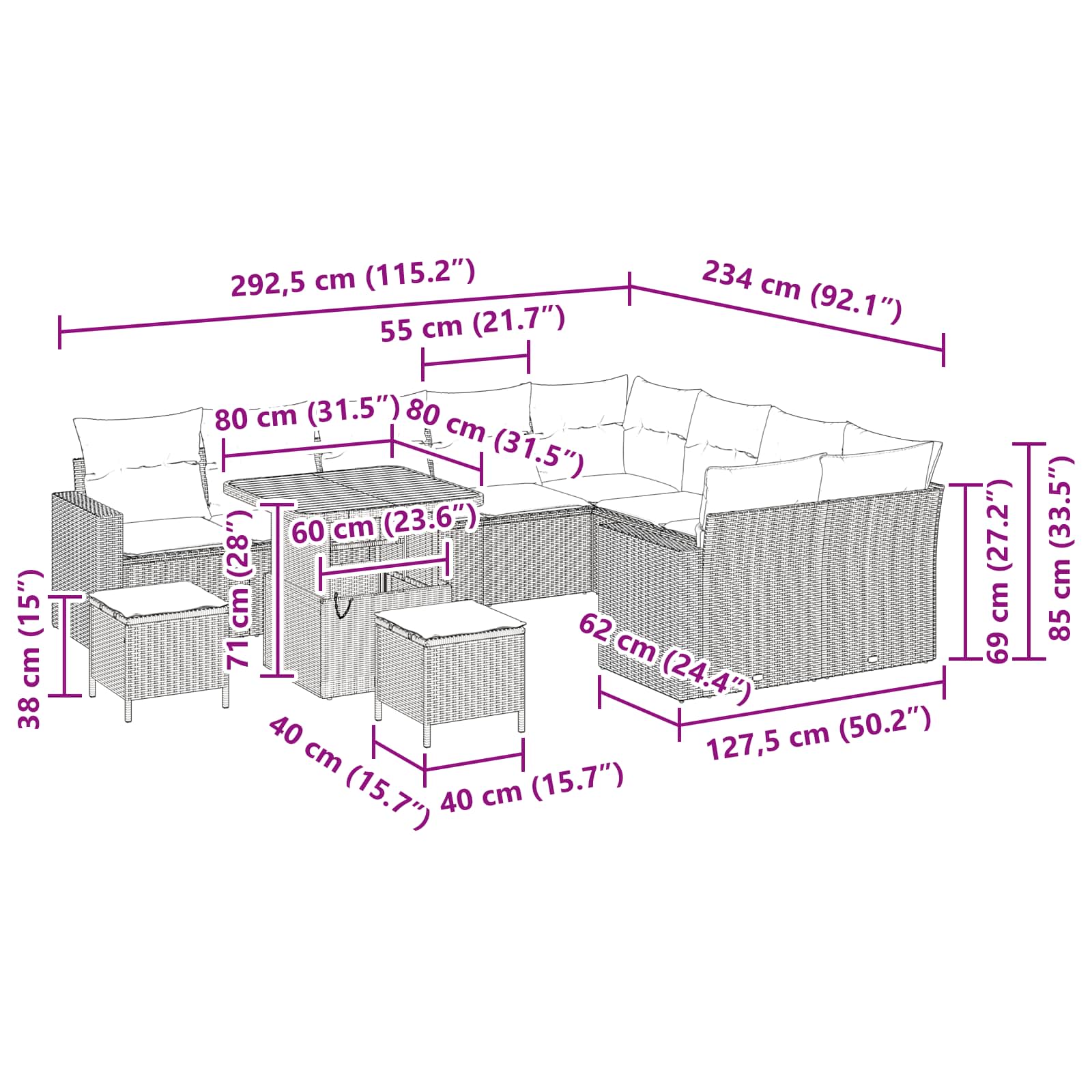 Garden Sofa Set Height-Adjustable 12 pcs Black Poly Rattan