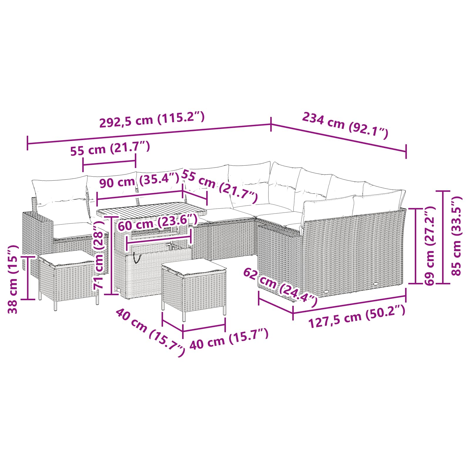 Garden Sofa Set Height-Adjustable 12 pcs Black Poly Rattan