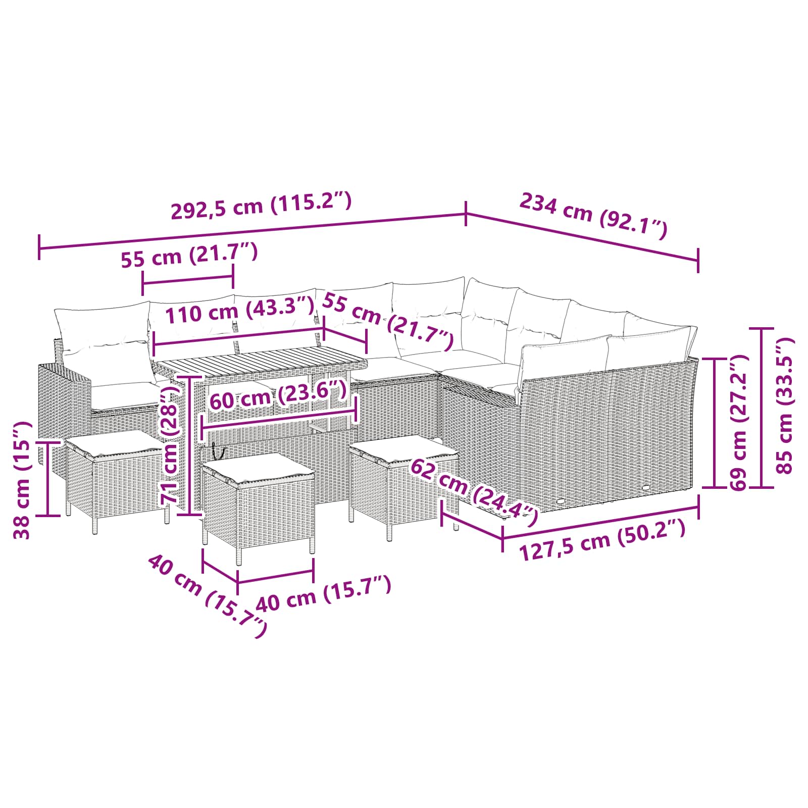Garden Sofa Set Height-Adjustable 13 pcs Black Poly Rattan