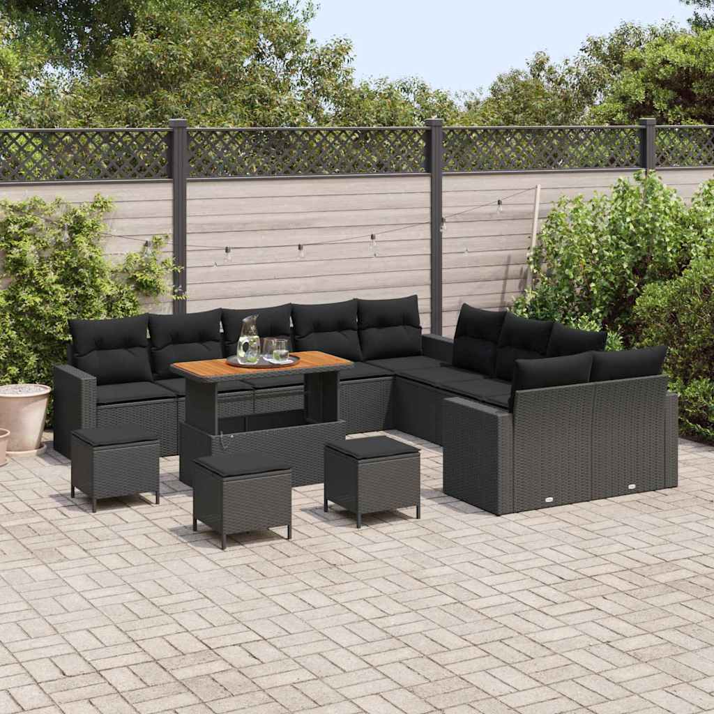 Garden Sofa Set with Cushion 14 pcs Black Poly Rattan