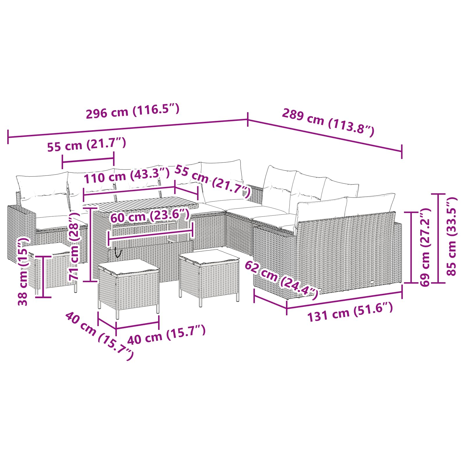 Garden Sofa Set with Cushion 14 pcs Black Poly Rattan