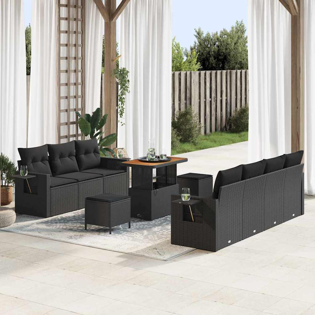 Garden Sofa Set with Cushion 10 pcs Black Poly Rattan