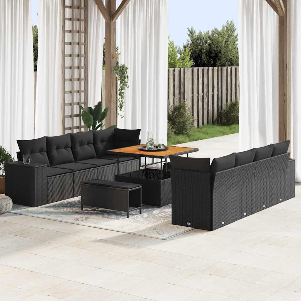 Garden Sofa Set with Cushion 11 pcs Black Poly Rattan