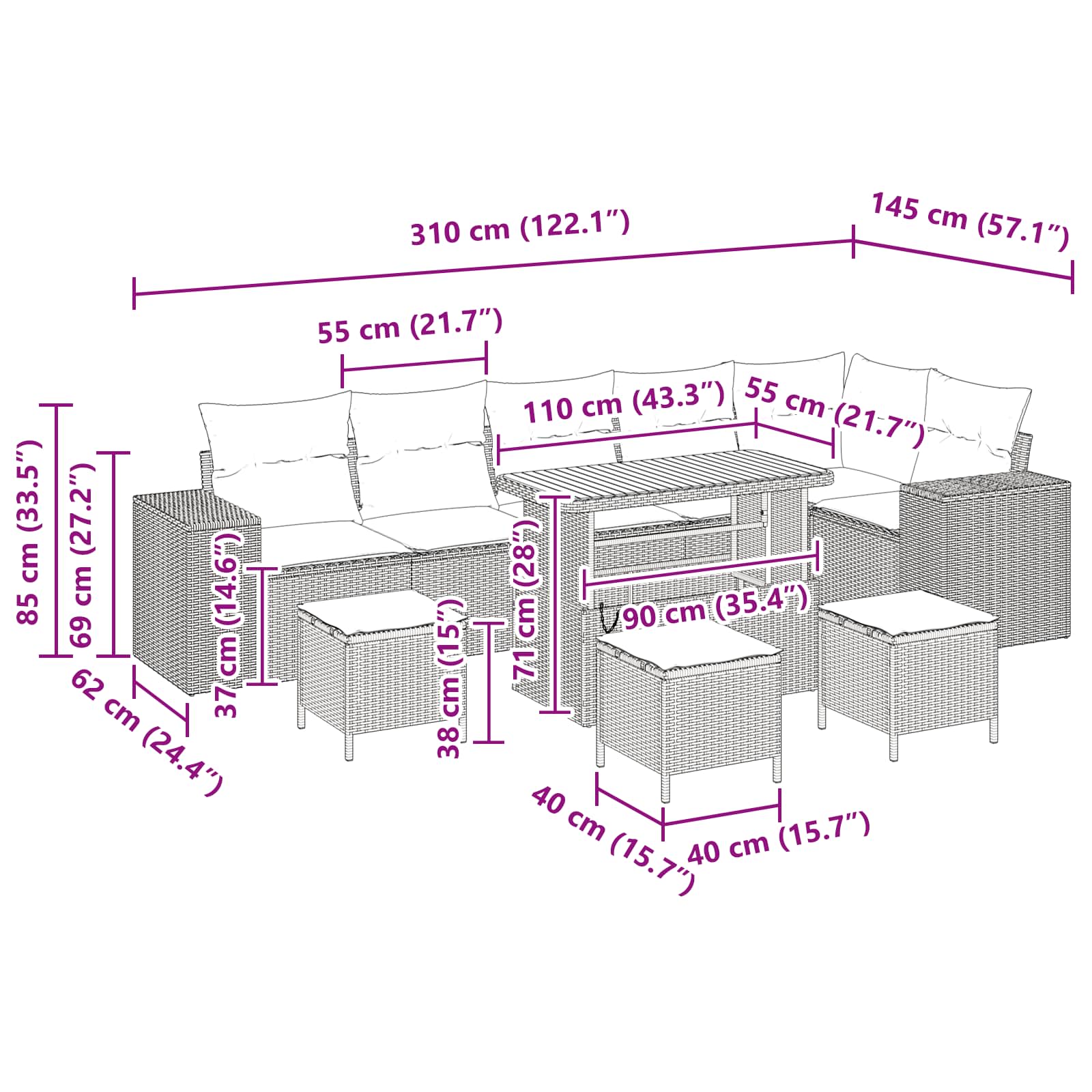 Garden Sofa Set with Cushion 10 pcs Black Poly Rattan