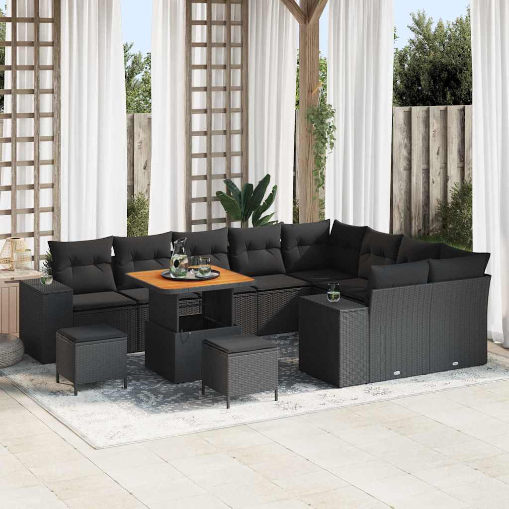 Garden Sofa Set with Cushion 12 pcs Black Poly Rattan