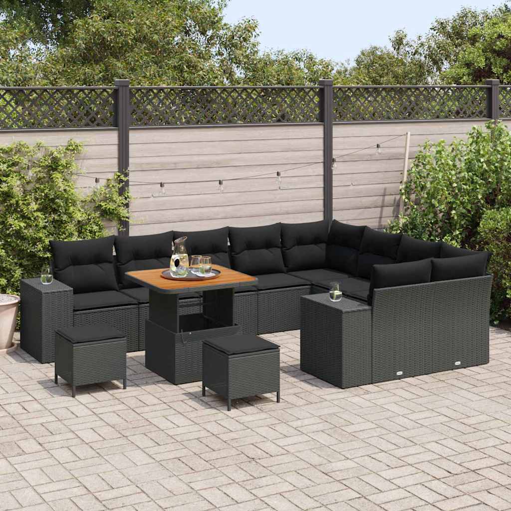 Garden Sofa Set with Cushion 12 pcs Black Poly Rattan