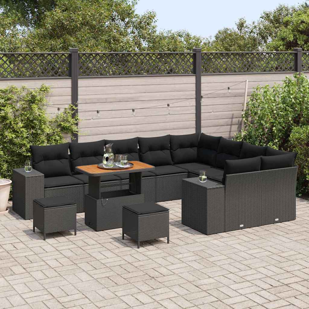 Garden Sofa Set with Cushion 12 pcs Black Poly Rattan