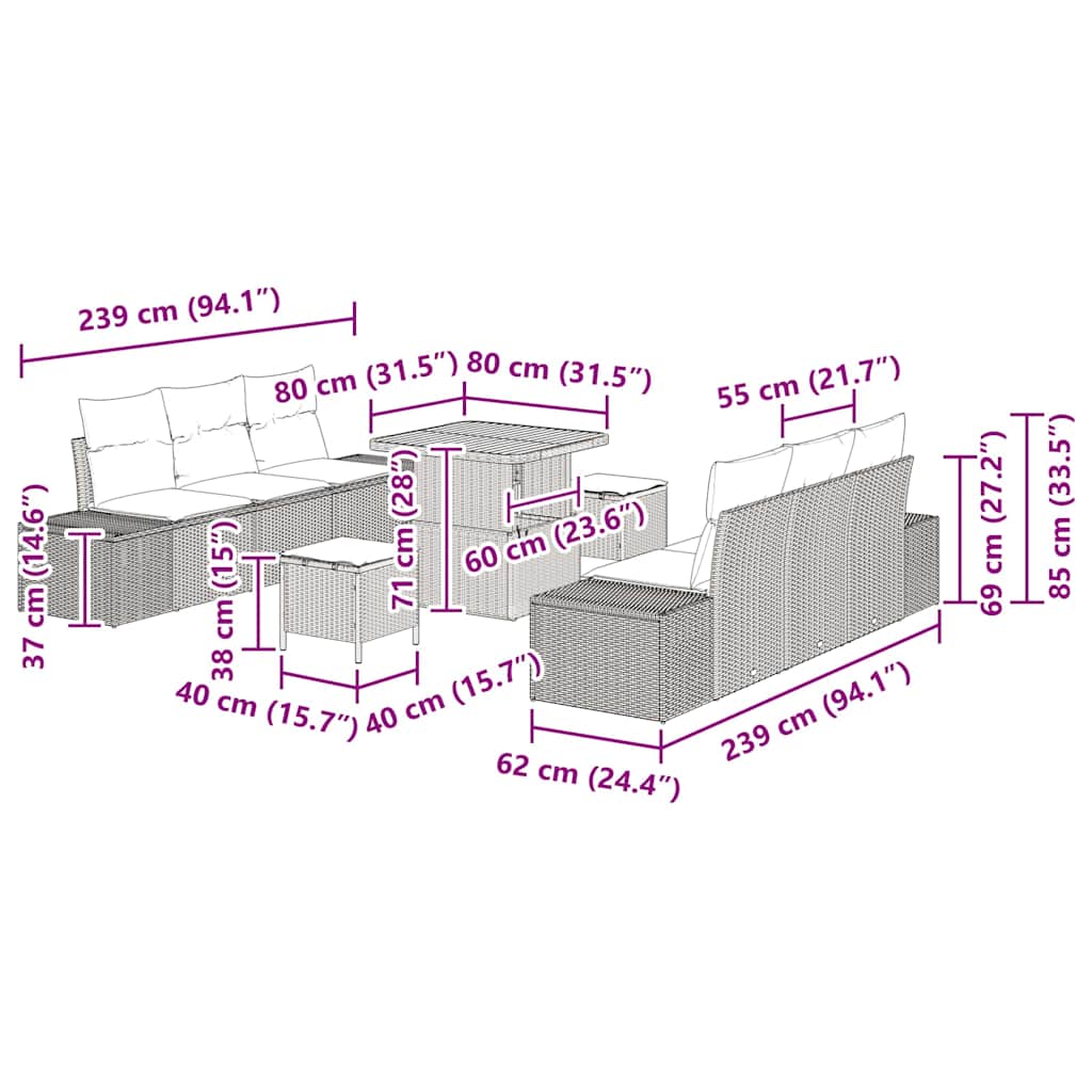 Garden Sofa Set with Cushion 9 pcs Black Poly rattan