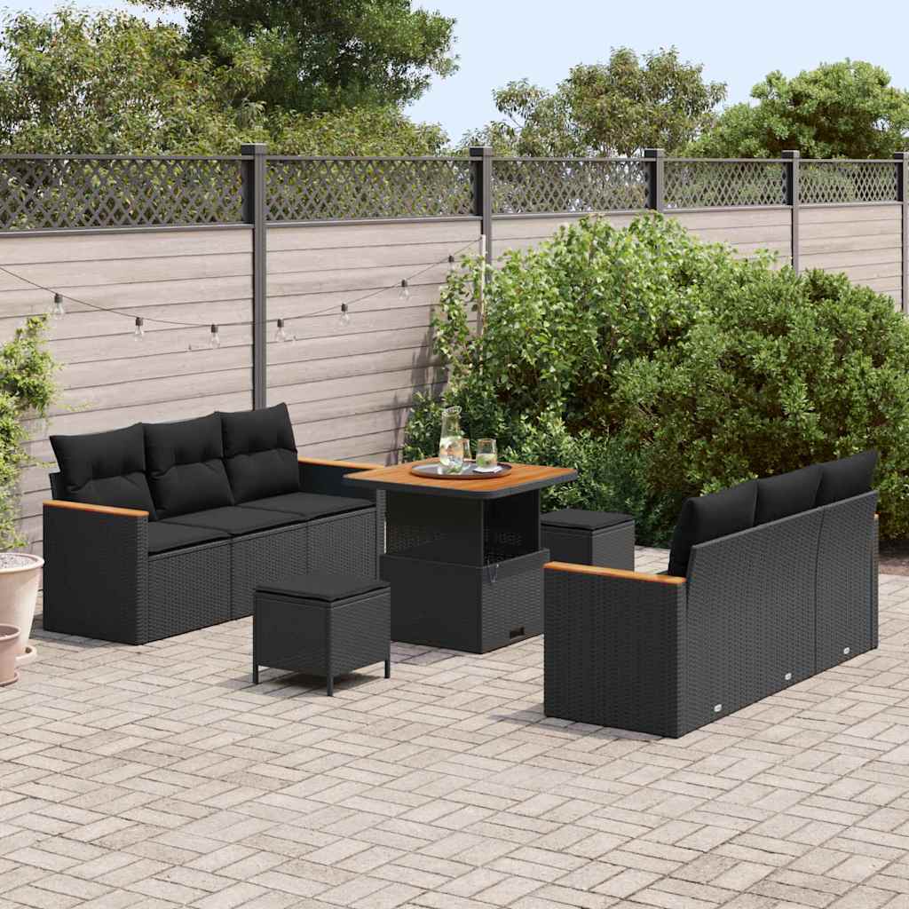 Garden Sofa Set with Cushion 9 pcs Black Poly rattan