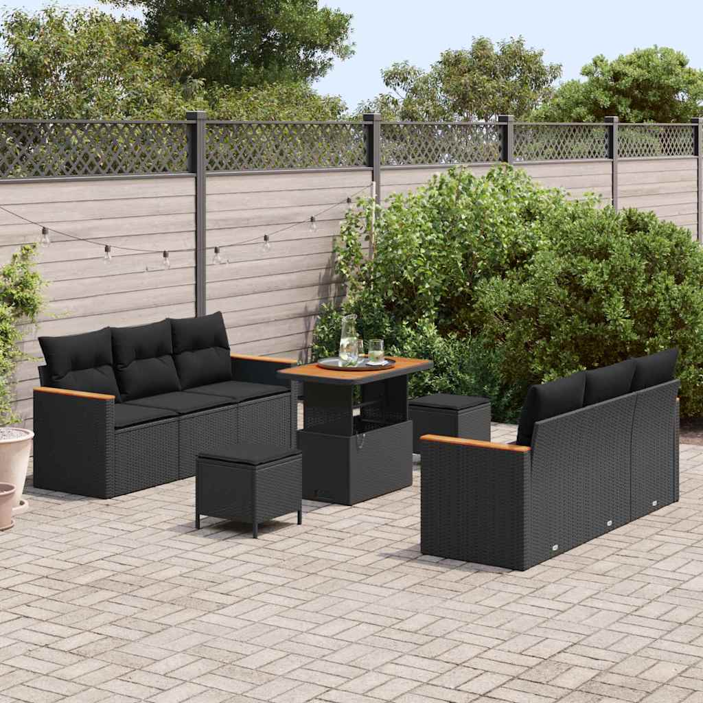 Garden Sofa Set with Cushion 9 pcs Black Poly rattan