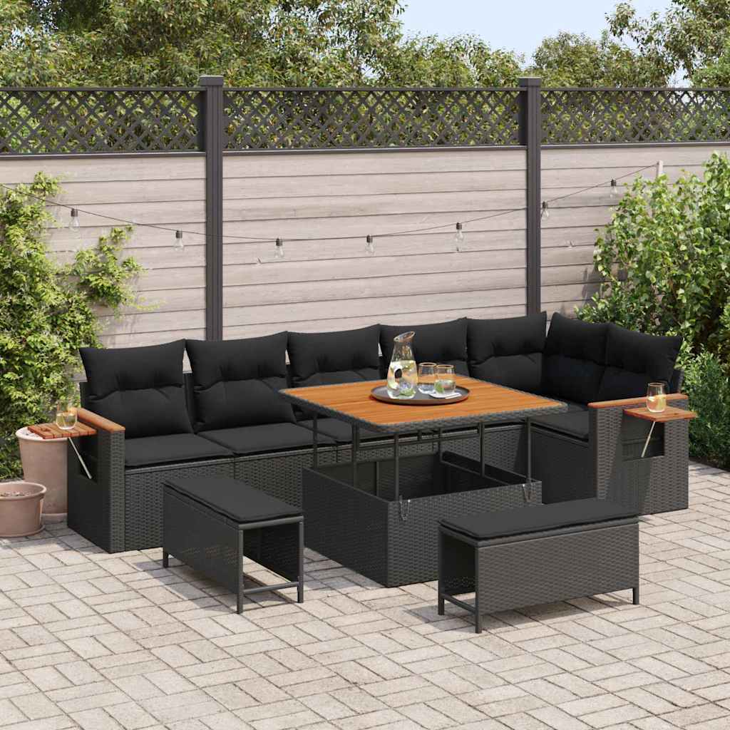 Garden Sofa Set 9 pcs Black Poly rattan and powder-coated steel