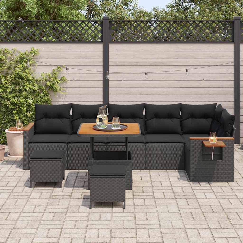Garden Sofa Set 9 pcs Black Poly rattan and powder-coated steel