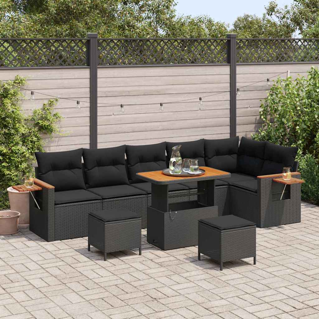 Garden Sofa Set 9 pcs Black Poly rattan and powder-coated steel