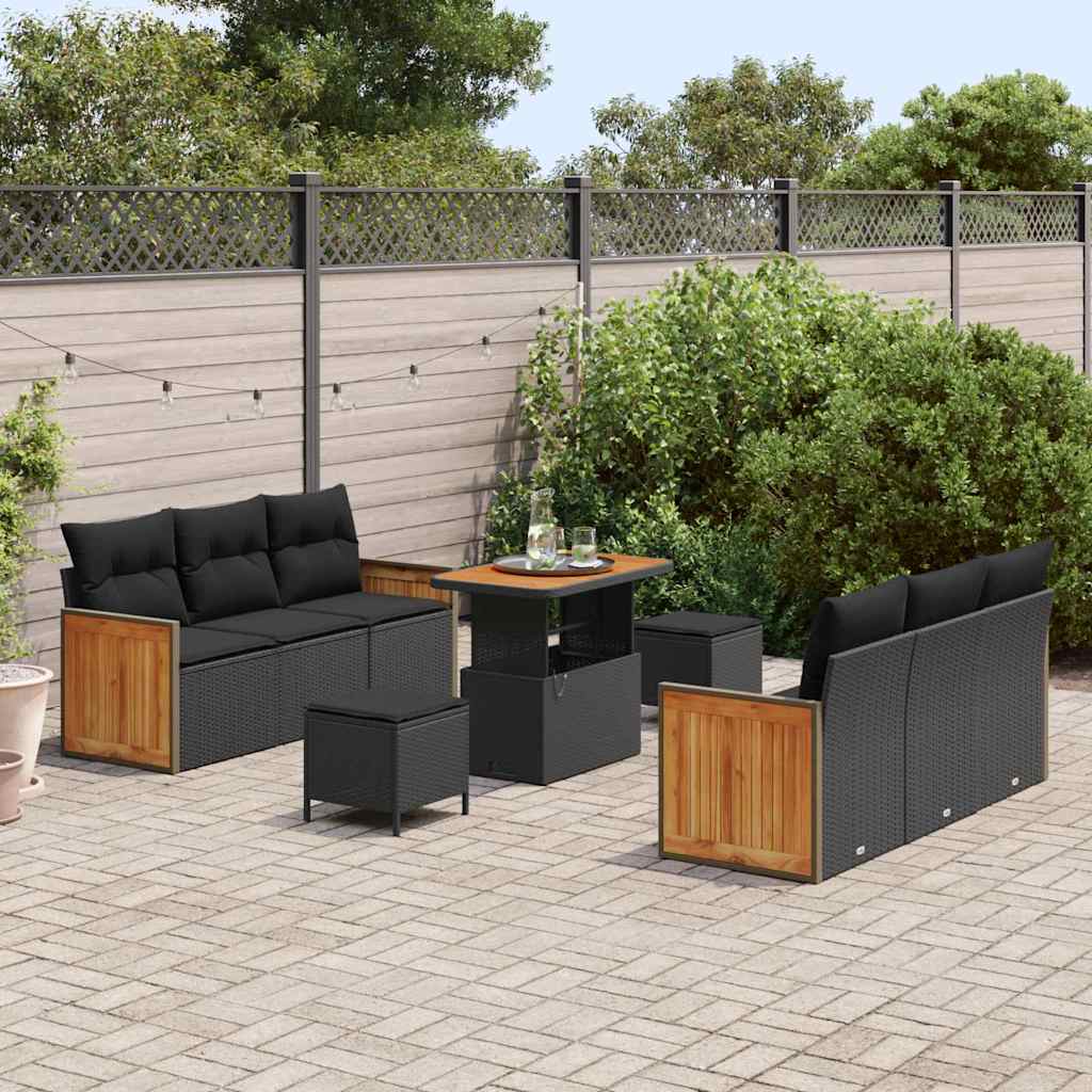 Garden Sofa Set 9 pcs Black Poly rattan and powder-coated steel