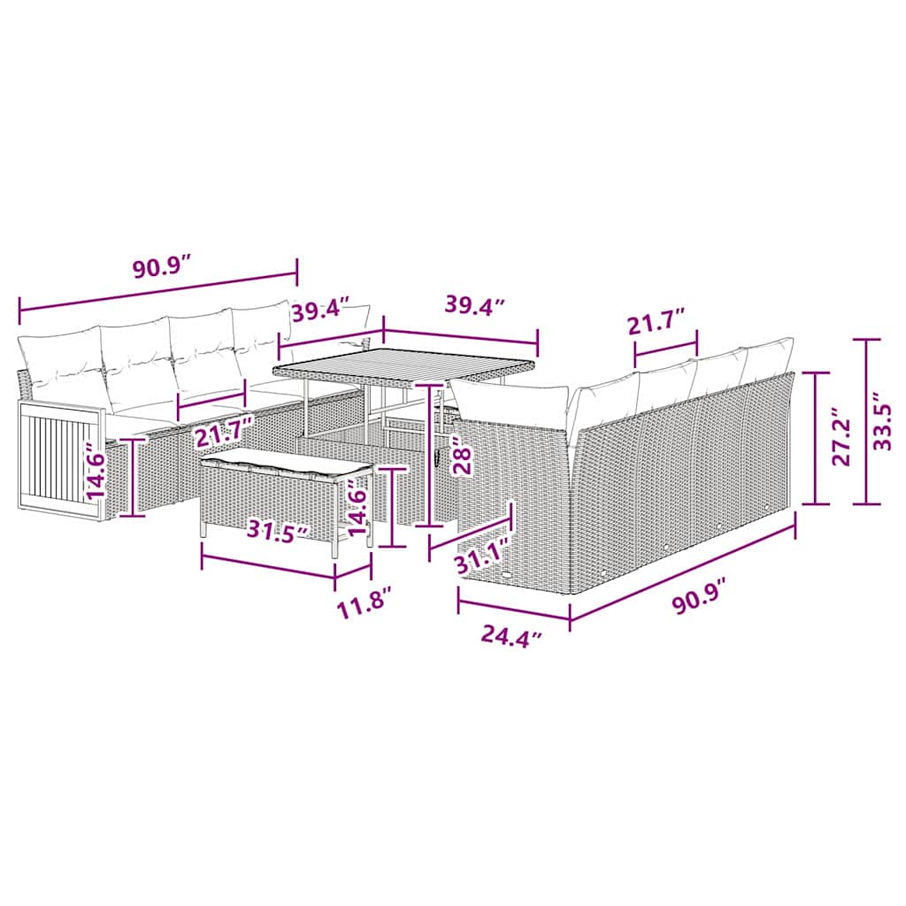 Garden Sofa Set with Cushion 11 pcs Black 100 x 100 x 71 cm