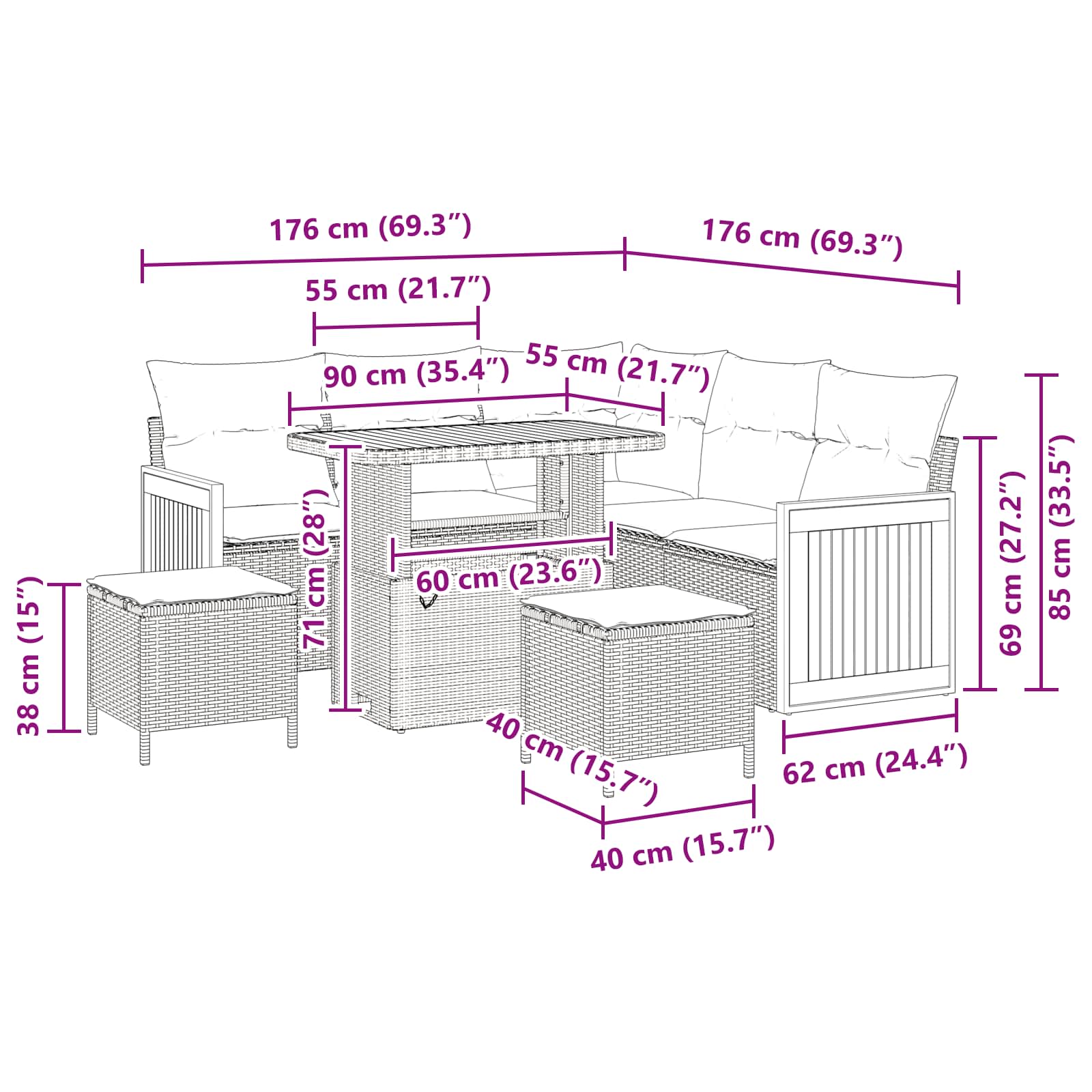 Garden Sofa Set 8 pcs Black Poly rattan and powder-coated steel