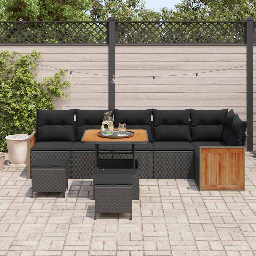 Garden Sofa Set 9 pcs Black Poly rattan and powder-coated steel