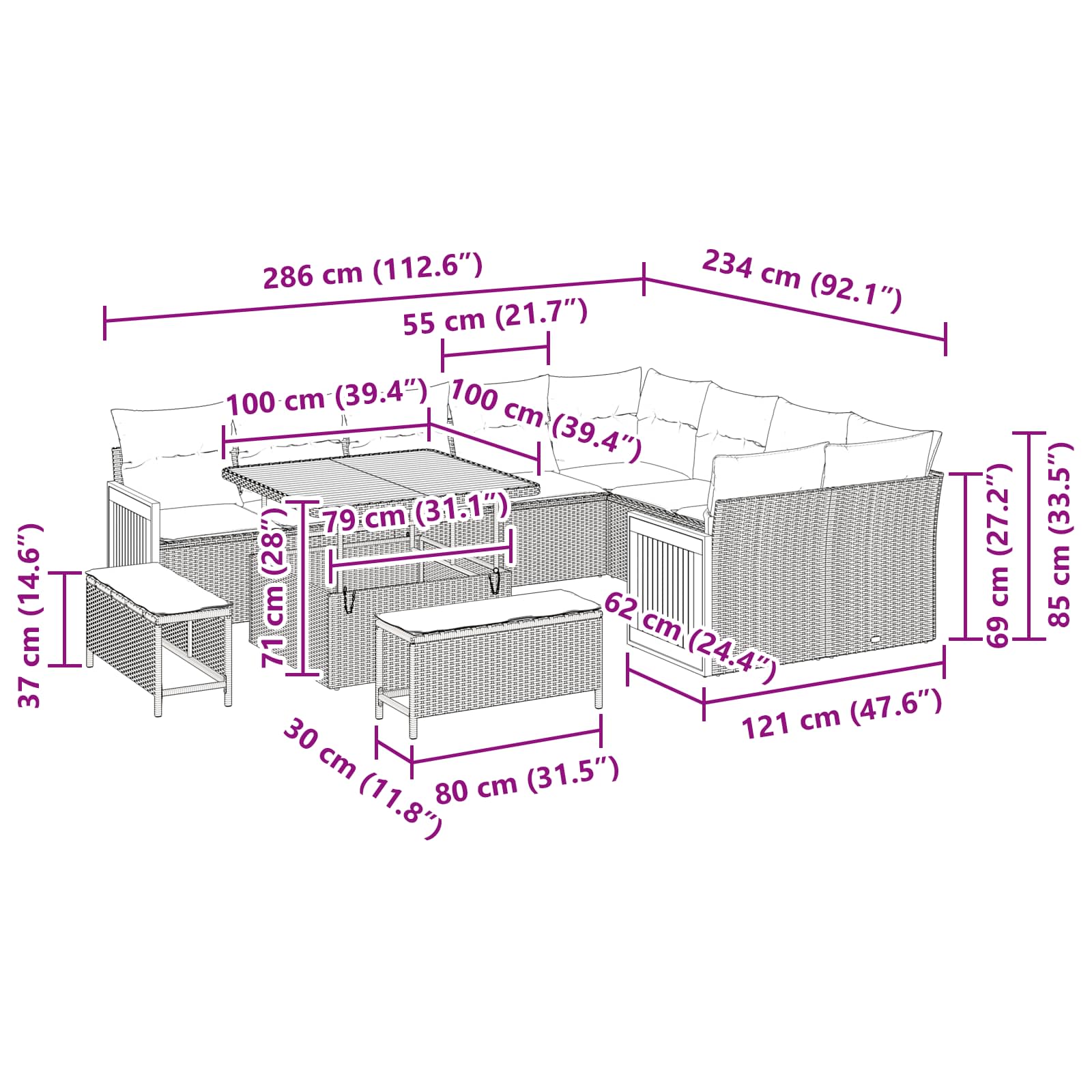 Garden Sofa Set with Cushion 12 pcs Black 100 x 100 x 71 cm