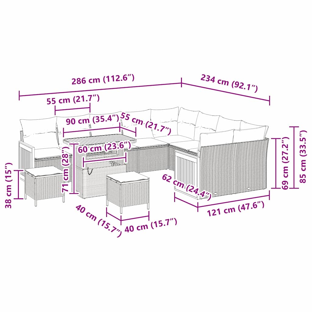 Garden Sofa Set with Cushion 12 pcs Black 90 x 55 x 71 cm
