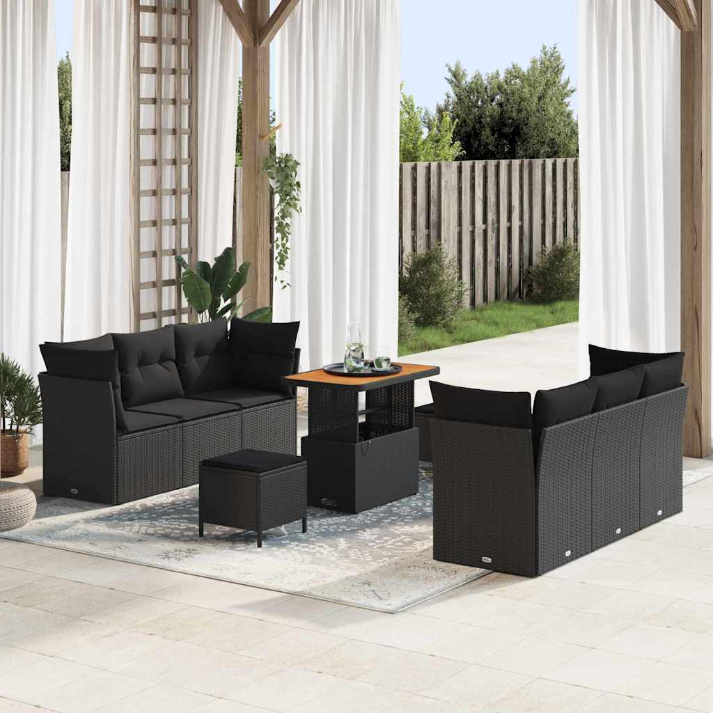 Garden Sofa Set 9 pcs Black Poly rattan and powder-coated steel