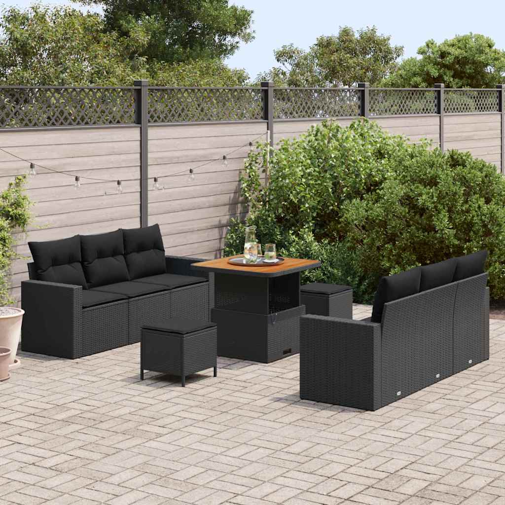 Garden Sofa Set 9 pcs Black Poly rattan and powder-coated steel